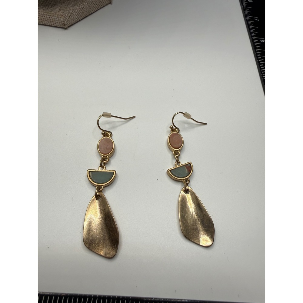 Gold‎ Tone Geometric Drop Earrings Rose Pink Sage Green Hammered Tiered Dangle